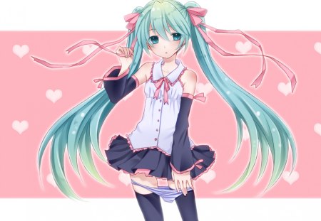 Hatsune Miku - aqua, hot, heart, music, anime girl, stockings, white, amazing, art, cool, aqua eyes, artistic, hatsune miku, sexy, skirt, leggings, song, stunning, vocaloids, program, vocaloid, pink, beautiful, uniform, blush, diva, beauty, nice, twintail, singer, aqua hair, black, virtual, pretty, idol, anime, stripping, miku, cute, twin tail, girl, cg, hatsune, blue, awesome, panties, digital, outfit