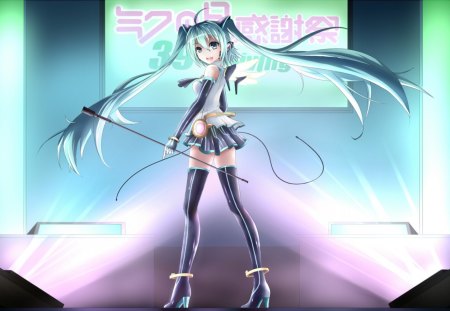 Hatsune Miku - catwalk, aqua, hot, thigh highs, stage, headset, music, thighhighs, anime girl, stockings, white, amazing, art, cool, aqua eyes, artistic, hatsune miku, ecchi, sexy, skirt, leggings, song, stunning, vocaloids, program, walkway, vocaloid, beautiful, uniform, diva, beauty, nice, twintail, singer, aqua hair, black, virtual, pretty, idol, anime, miku, cute, twin tail, screen, girl, cg, concert, hatsune, hd, microphone, headphones, blue, awesome, digital, outfit, lights