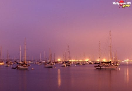 boats in water - water, purple, boats, lights