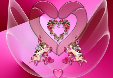 Heart_Wallpaper - flowers, cupids, wings, hearts