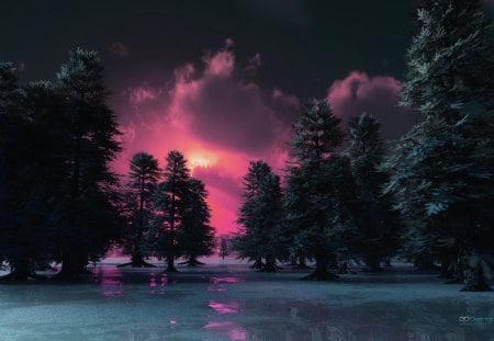 ice-plain-forest - trees, pink, ice, clouds