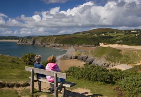 three-cliffs-bay - bench, trees, clouds, rocks