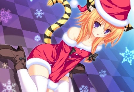 Mao Momono - santa claud, snowflake, neko koi, cat, kitty, anime girl, christmas, white, mao momono, red, anime