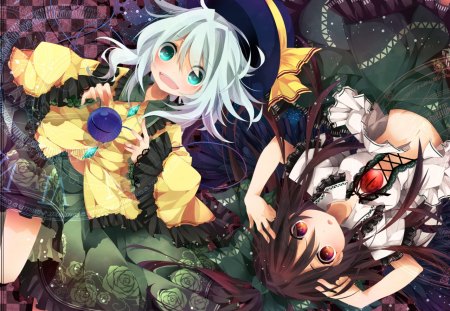 Koishi & Okuu - hat, okuu, raven, reiuji utsuho, girls, touhou, komeiji koishi, cute, ribbon