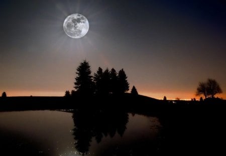 GLOWING MOON - moon, trees, silouettes, rivers, fields, sunsets, sky