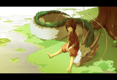 Pensive & Resting - chihiro, dragon, haku, grass