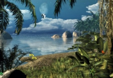 3D_Paradise_Wallpaper - water, grass, trees, birds