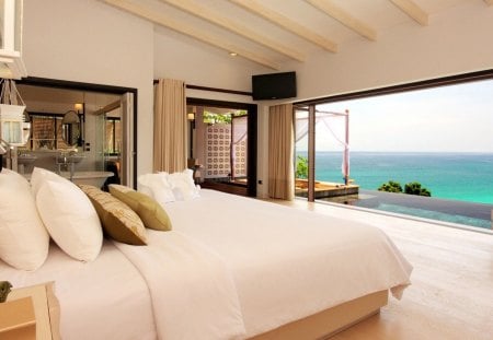 BEDROOM WITH LOVELY VIEW - bedroom, ocean, peaceful, relaxation, white, sky, architecture, view, photography, curtains, bed