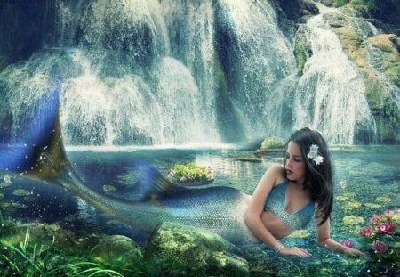 eden_mermaid_Wallpaper - flowers, water, mermaid, falls