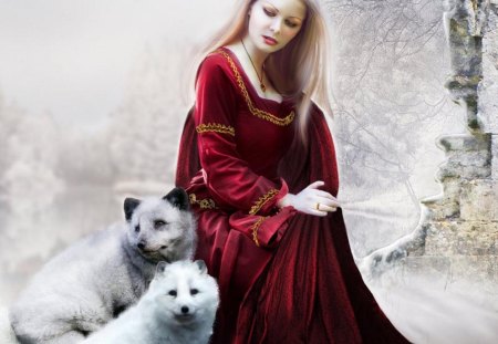 lady in red with two wolves - wolves, lady, trees, snow