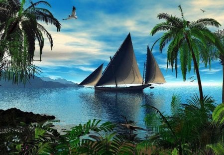 Lagoon_Wallpaper - birds, trees, water, boat