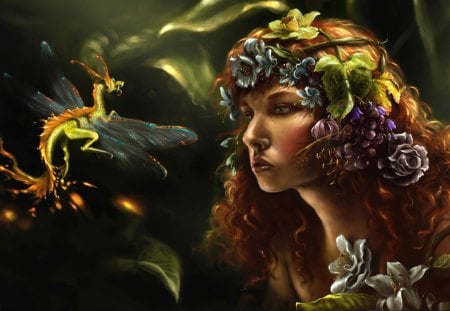 *** A beautiful woman and the dragon *** - woman, dragon, green, beautiful