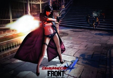 Devil May Cry 4 Front - dark hair, dmc, guns, weapons, trench coat, devil may cry, games, video games, gloves