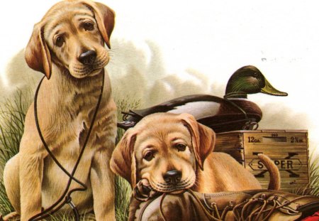 PUPPIES AND A DUCK - wildlife, animals, nature, ducks, art, labrador, dogs, puppies, birds