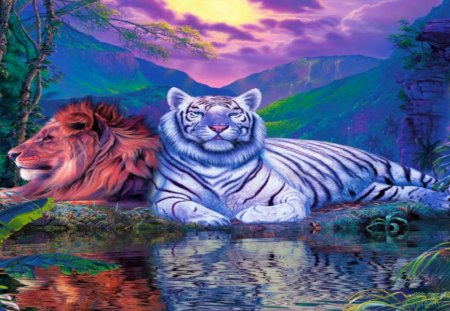 IN PEACE - big cats, cubs, tiger, fantasy, sunset, nature, white tiger, lion, animals