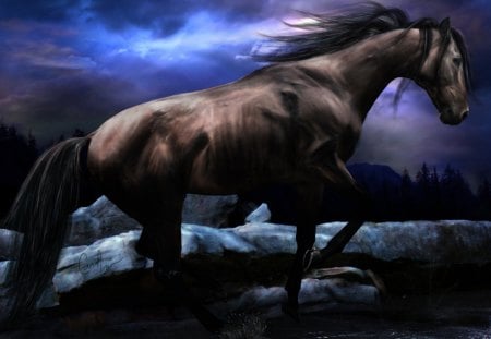 Horsey Hills - horses, black horse, animals, fantasy, hills, nature