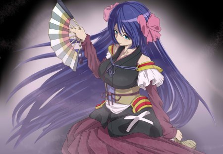 Niwa Nagahide - fan, big boobs, traditional, japanese, oda nobuna no yabou, amazing, purple, art, tactician, artistic, big breasts, blue eyes, purple hair, stunning, niwa nagahide, cg, niwa, blue, pink, nagahide, digital, japanese clothes