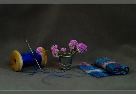 still life - cloth, needle, thread, flowers, table