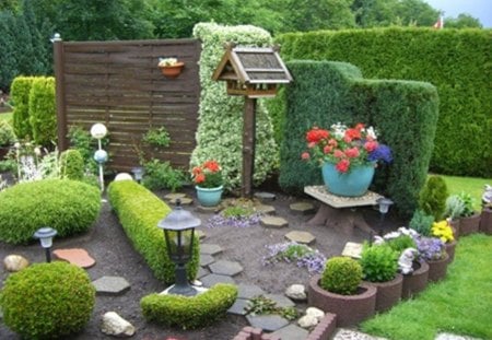 beautiful garden - flowers, stairs, planters, box, fence