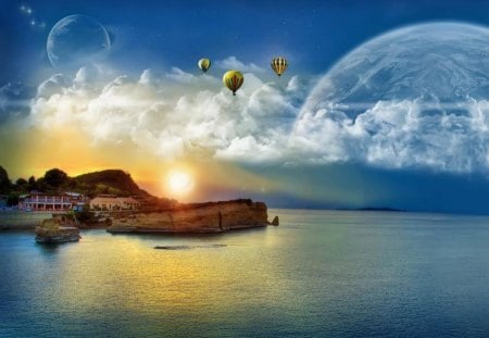 Balloon_Ride - water, balloons, clouds, sun