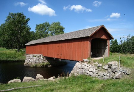 Covered Bridge - water, red, grass, stones, sky, bridge