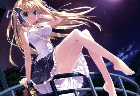 Seira Nanamori - white, moon, night, anime, anime girl, hoshizora e kakaru hashi, wind, seira nanamori