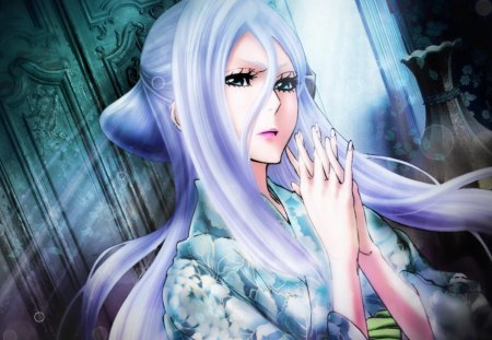 Sode No Shirayuki - bleach, female, blue eyes, long hair, zanpakutou, sode no shirayuki, anime, kimono, white hair