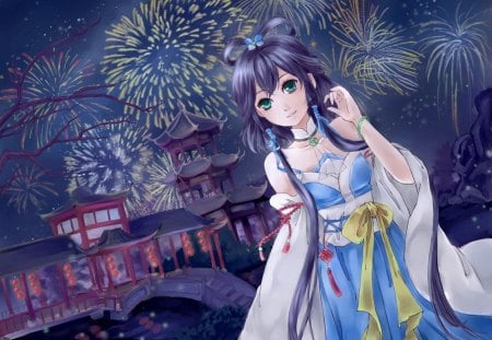 Luo Tianyi - twin tails, anime girl, female, luo tianyi, hot, night, cool, china town, smile, black hair, sexy, firework, blue eyes