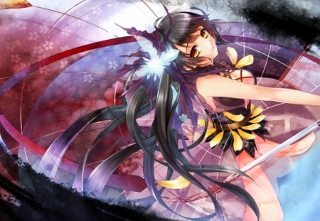 Karara - blood, breasts, anime girl, karara, female, flower hair, hot, dress, sword, cool, long hair, katana, black hair, sexy