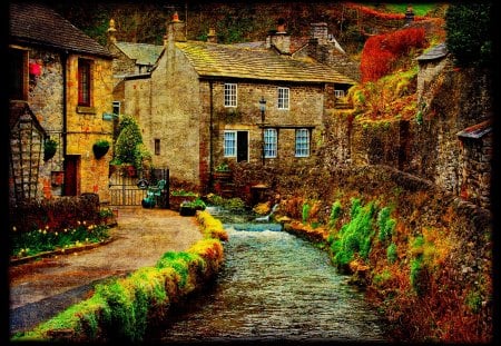 Beautiful stone houses - nice, peaceful, countryside, colorful, path, pretty, rustic, houses, mountain, summer, lovely, nature, village, forest, beautiful, alley, stones, flowers