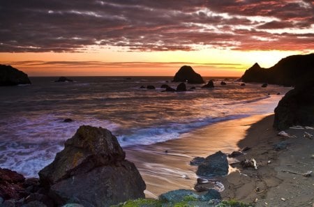 Sea Sunset - beach, sunset, sea, rocks