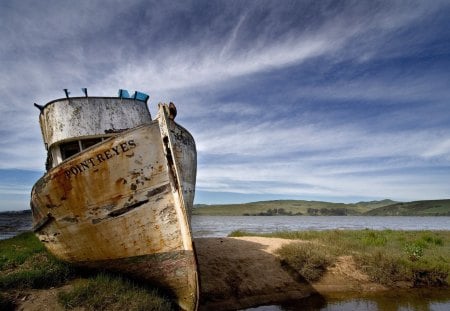 Abandoned Ship - old, point, boat, ship, beach, wreck, reyes, abandoned