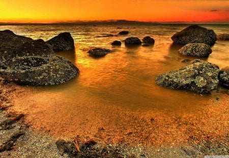 Golden Beach - beach, sky, daylight, day, sun, water, sunset, shine, rocks, gold, nature, hard, glow, orange, sand