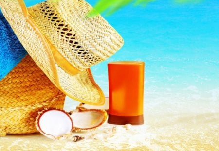 Beach accessoires - beach, tropics, hat, water, juice, accessoires, holiday, sunny, shell, sands, seashells, ocean, cocktail, tropical, summer, palm, blue, beautiful, rest, sea