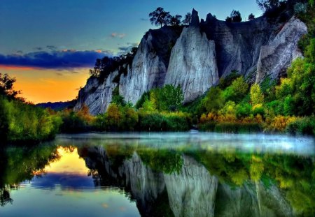 Mountain lakeshore - lakeshore, trees, peaceful, water, colorful, sunset, mirrored, calm, pretty, reflection, calmness, river, riverbnk, dusk, rocky, lake, shore, lovely, nature, glow, beautiful, sunrise