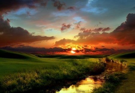 Sunset - landscape, clouds, river, sunset, grass