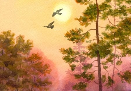 Fall Watercolor Sky - artistic, fly south, paint, trees, birds, mellow, gold, forest, pink, leaves, watercolor, fall, autumn, soft, art, sky