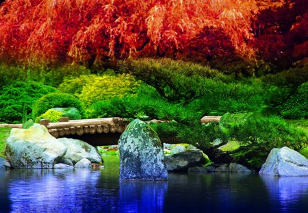 Beautiful colorful landscape - blue, red, green, landscape, lake, grass, bridge