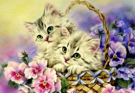 Green eyes-cats - flowers, painting, green eyes, baskets, small cats, pansies