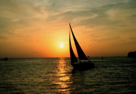 Sailing in morning dusk - sea, sun, sailboat, sky