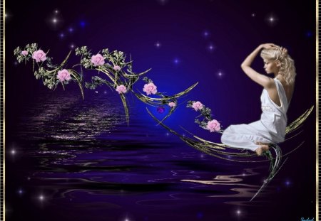 Sallys_retreat_Wallpaper - water, branches, flowers, girl