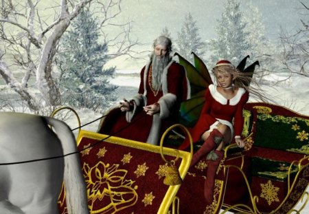 Sleigh_ride_with_elf - snow, sleigh, trees, horse