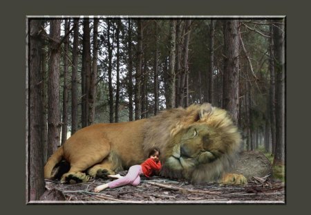 SWEET_DREAMS_WITH_A_LION - wood, girl, lion, trees