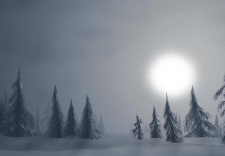 fantasy winter haze landscape - trees, sun, winter, fantasy, haze