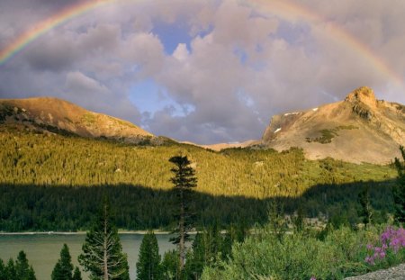 large rainbow over beautiful landscape - rainbow, lake, forest, clouds, mountains