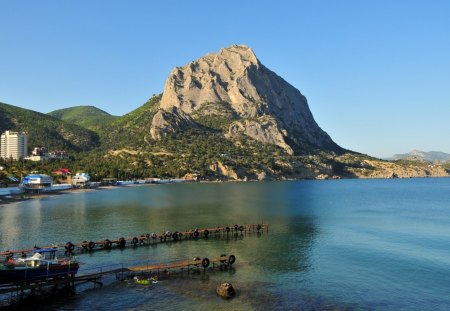 coastal town - mountain, town, boat, coast