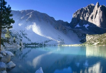 second lake in john muir wilderness - rocky shore, lake, trees, mountains