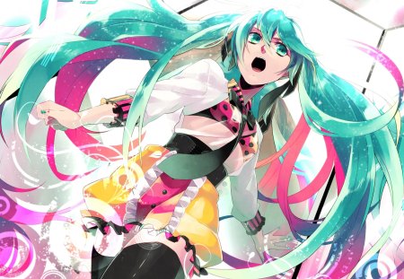 Hatsune Miku - pretty, singing, artistic, twin tail, stage, pink, uniform, stunning, nice, belt, program, leggings, beauty, polka dots, virtual, cg, white, bubbles, cute, aqua eyes, song, outfit, vocaloid, anime, blue, amazing, twintail, hatsune miku, music, aqua, stockings, art, idol, anime girl, skirt, beautiful, singer, girl, cool, black, miku, awesome, diva, digital, aqua hair, hatsune, vocaloids