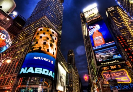 NEW YORK AT NIGHT - new york, moon, sky, photography, night, buildings, skyscrapers, blue, city, signs, lights