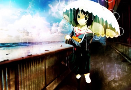 [welcome... rainy day by suzuka] - umbrella, female, beach, rain, cat